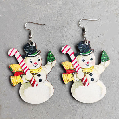 1 Pair Cute Christmas Tree Snowman Wood Drop Earrings