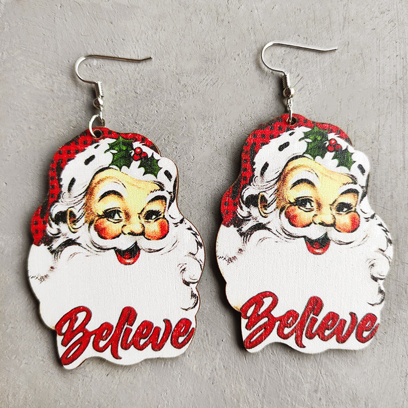 1 Pair Retro Christmas Tree Santa Claus Letter Wood Earrings