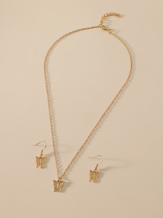 Sweet Butterfly Alloy Gold Plated Women's Earrings Necklace