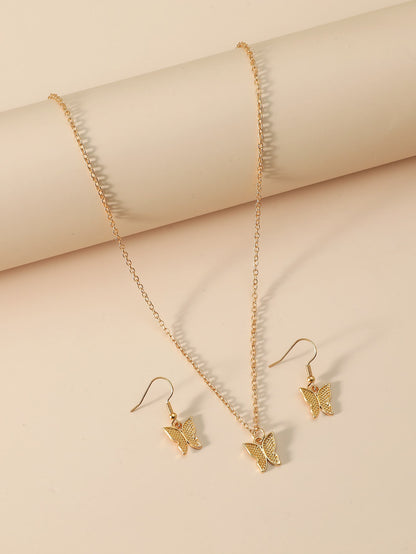 Sweet Butterfly Alloy Gold Plated Women's Earrings Necklace