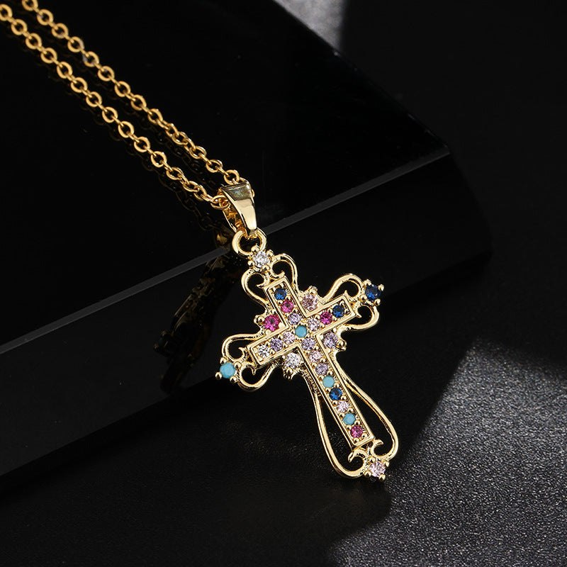 Streetwear Cross Copper Inlay Zircon Pendant Necklace