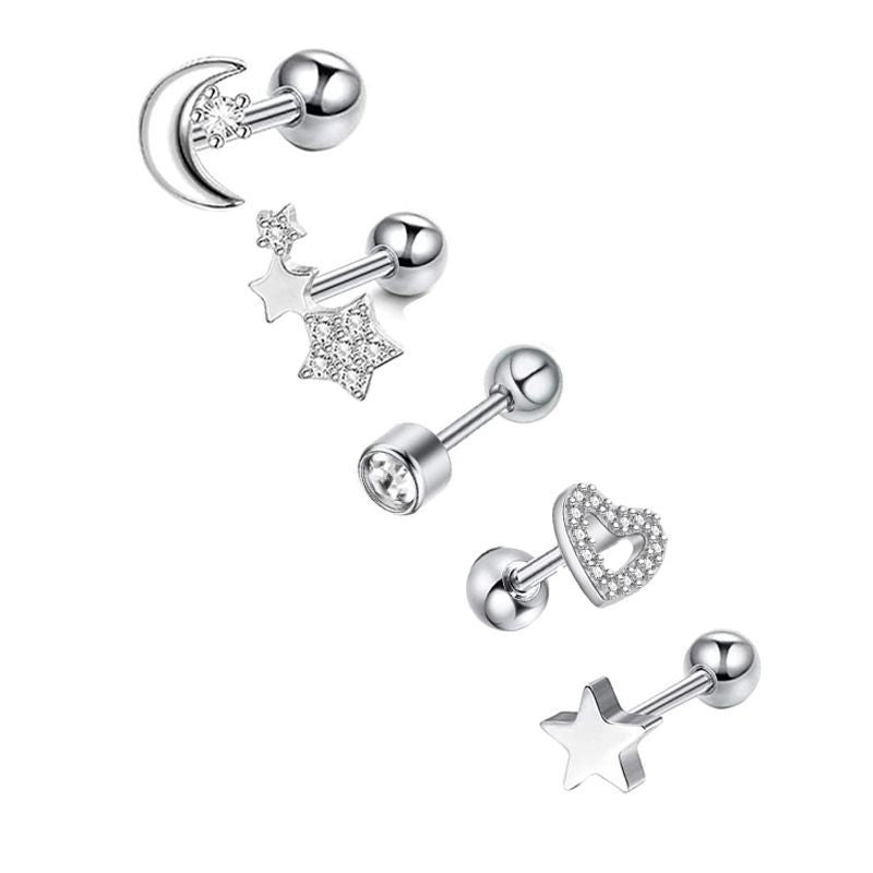 Simple Style Heart Shape Stainless Steel Plating Zircon Ear Studs 5 Piece Set