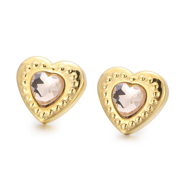 Fashion Heart Shape Titanium Steel Plating Inlay Glass Ear Studs 1 Pair