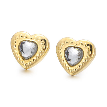 Fashion Heart Shape Titanium Steel Plating Inlay Glass Ear Studs 1 Pair