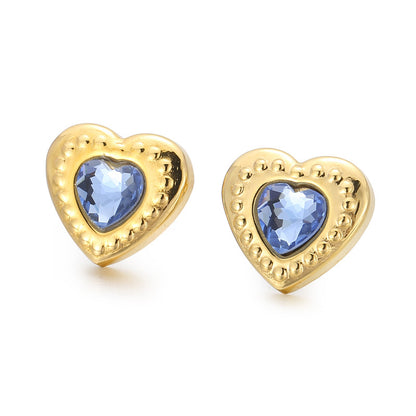 Fashion Heart Shape Titanium Steel Plating Inlay Glass Ear Studs 1 Pair