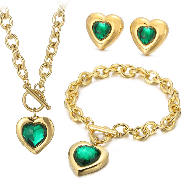 Fashion Heart Shape Stainless Steel Plating Inlay Glass Bracelets Earrings Necklace