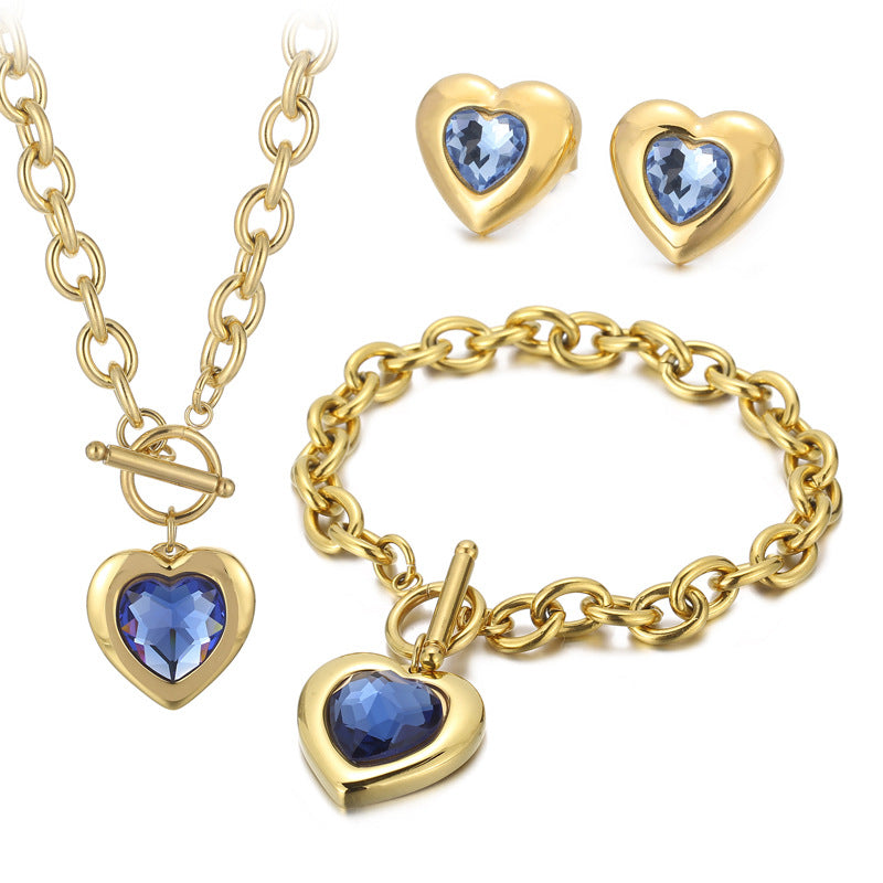 Fashion Heart Shape Stainless Steel Plating Inlay Glass Bracelets Earrings Necklace