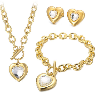 Fashion Heart Shape Stainless Steel Plating Inlay Glass Bracelets Earrings Necklace