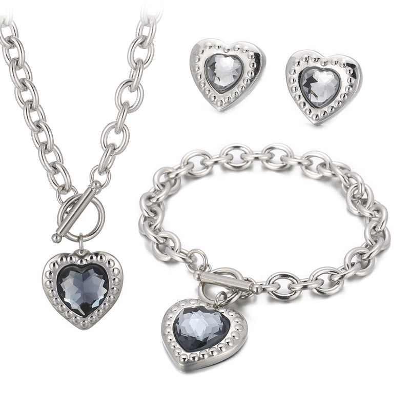 Fashion Heart Shape Stainless Steel Plating Inlay Glass Bracelets Earrings Necklace