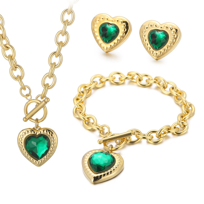 Fashion Heart Shape Stainless Steel Plating Inlay Glass Bracelets Earrings Necklace