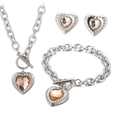 Fashion Heart Shape Stainless Steel Plating Inlay Glass Bracelets Earrings Necklace