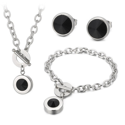 Fashion Round Stainless Steel Plating Inlay Artificial Gemstones Bracelets Earrings Necklace 1 Set