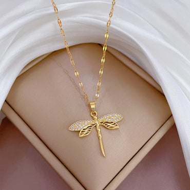 Classic Style Dragonfly Titanium Steel Inlay Artificial Gemstones Pendant Necklace