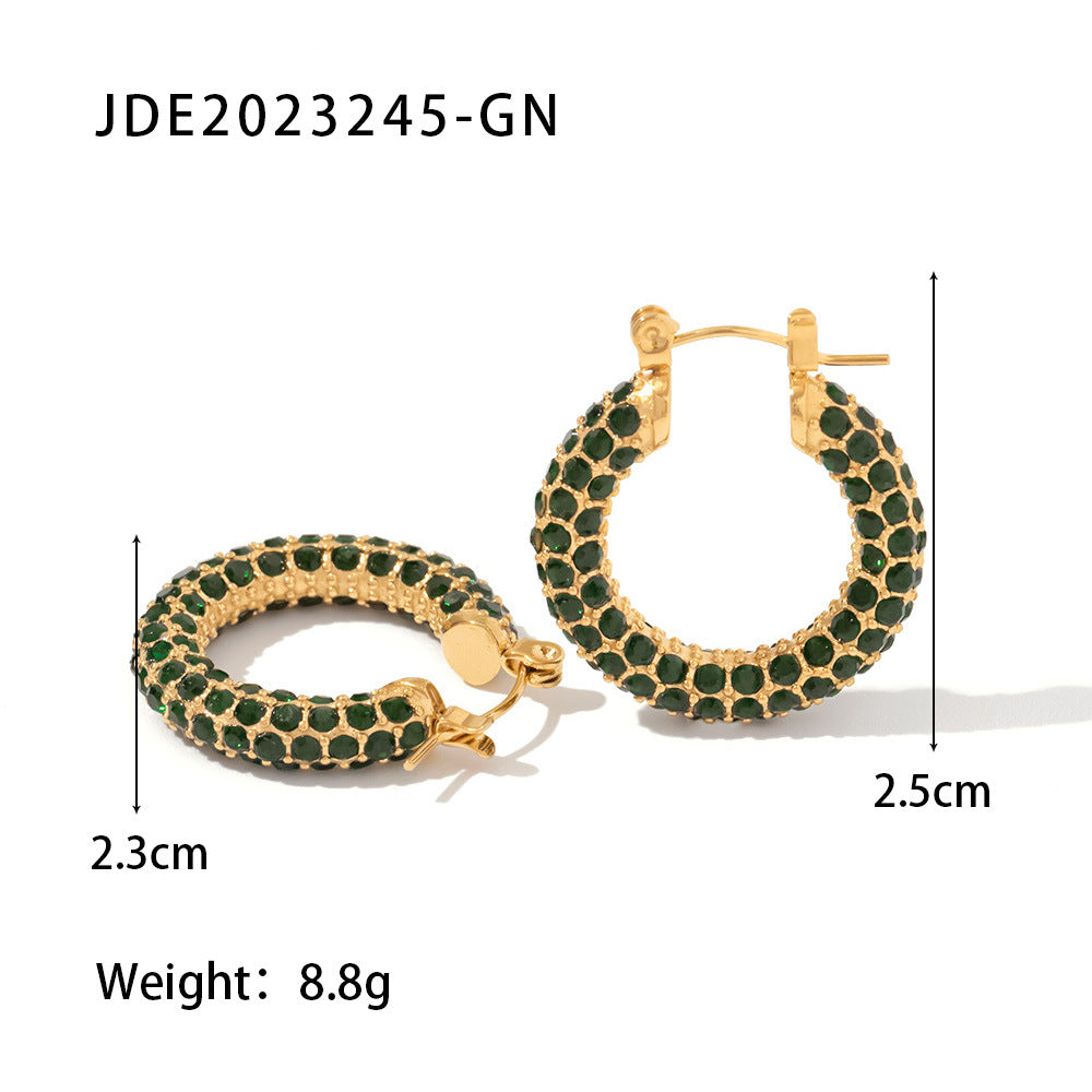 Retro Geometric Stainless Steel Inlaid Zircon Hoop Earrings 1 Pair