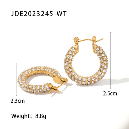 Retro Geometric Stainless Steel Inlaid Zircon Hoop Earrings 1 Pair