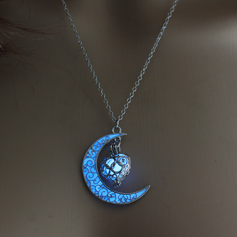 Retro Moon Water Droplets Alloy Luminous Hollow Out Women's Men's Pendant Necklace