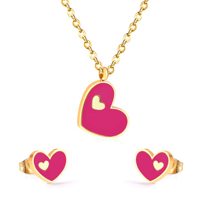 Sweet Heart Shape Stainless Steel Earrings Necklace 1 Set