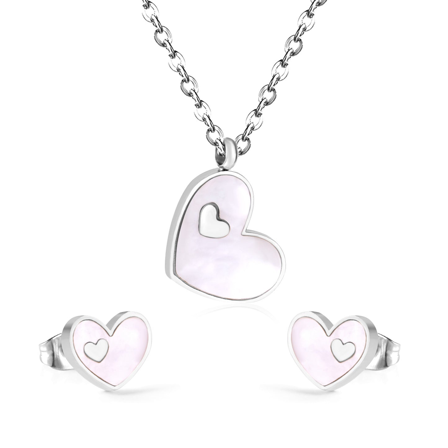 Sweet Heart Shape Stainless Steel Earrings Necklace 1 Set