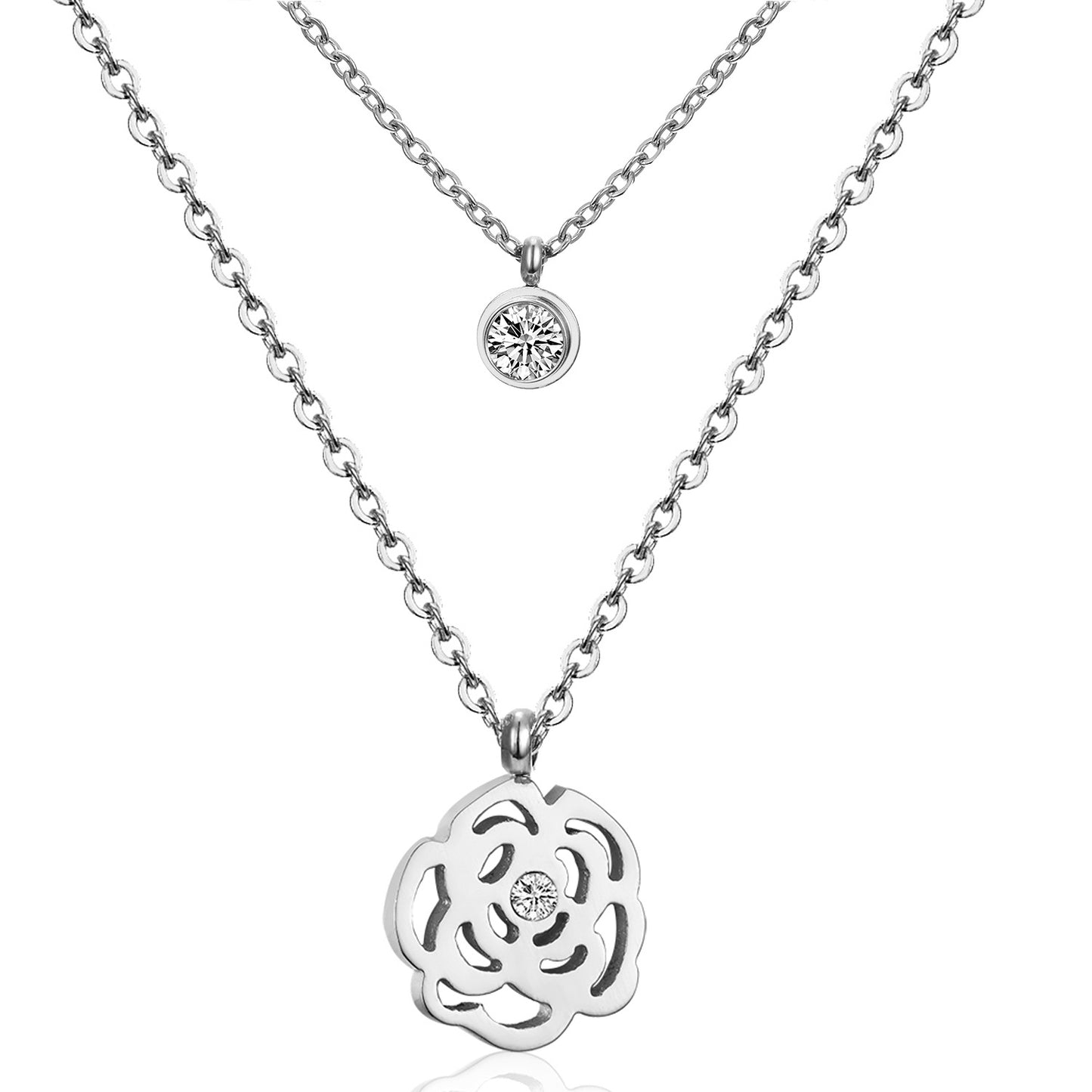 Modern Style Cross Four Leaf Clover Flower Stainless Steel Rhinestones Layered Necklaces