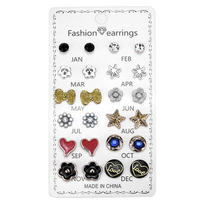 Fashion Geometric Rhinestone Women's Ear Studs 12 Pairs