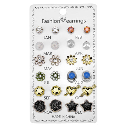 Fashion Geometric Rhinestone Women's Ear Studs 12 Pairs