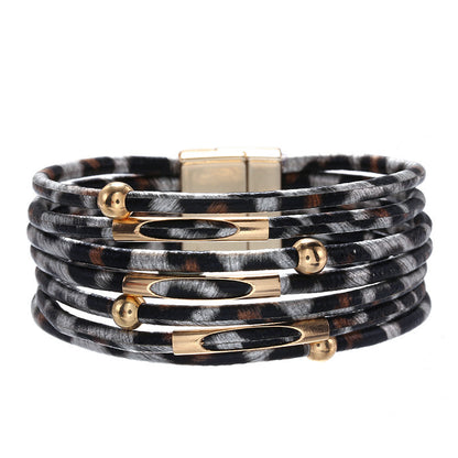 Retro Leopard Pu Leather Beaded Layered Women'S Bracelets 1 Piece