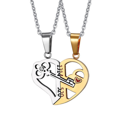 Fashion Heart Shape Key Metal Plating Inlay Zircon Couple Pendant Necklace 1 Set