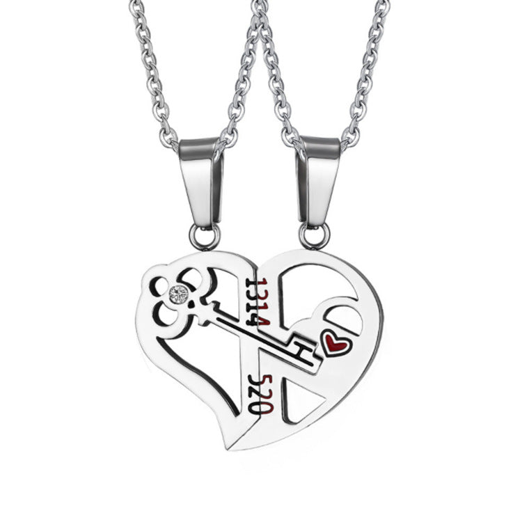 Fashion Heart Shape Key Metal Plating Inlay Zircon Couple Pendant Necklace 1 Set