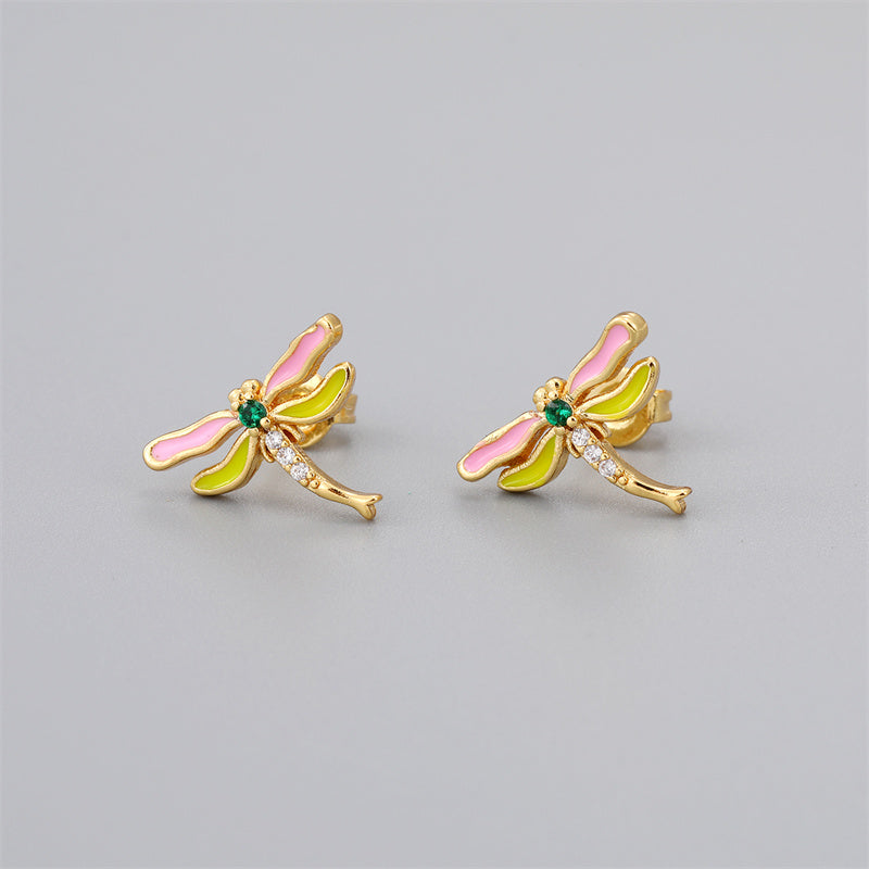 Fashion Devil's Eye Dragonfly Copper Enamel Zircon Gold Plated Ear Studs 1 Pair