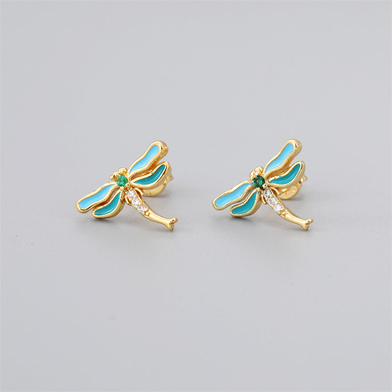 Fashion Devil's Eye Dragonfly Copper Enamel Zircon Gold Plated Ear Studs 1 Pair