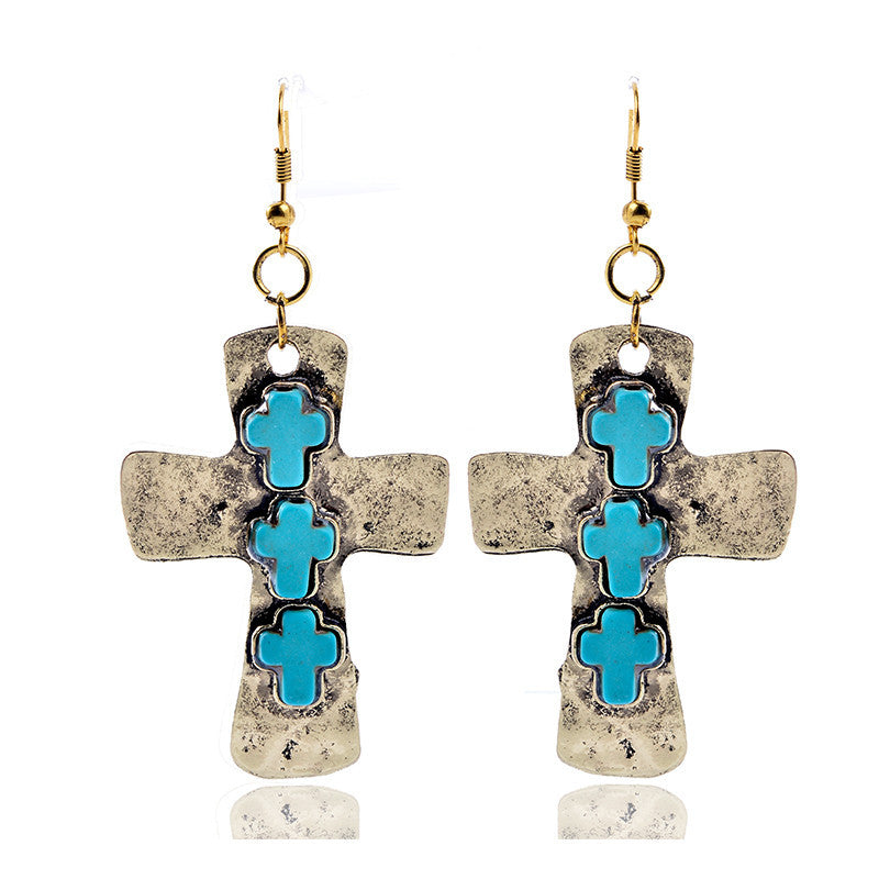 Retro Cross Alloy Inlay Turquoise Women's Earrings 1 Pair