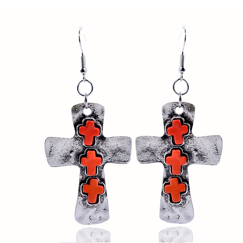 Retro Cross Alloy Inlay Turquoise Women's Earrings 1 Pair