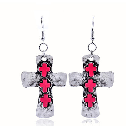 Retro Cross Alloy Inlay Turquoise Women's Earrings 1 Pair