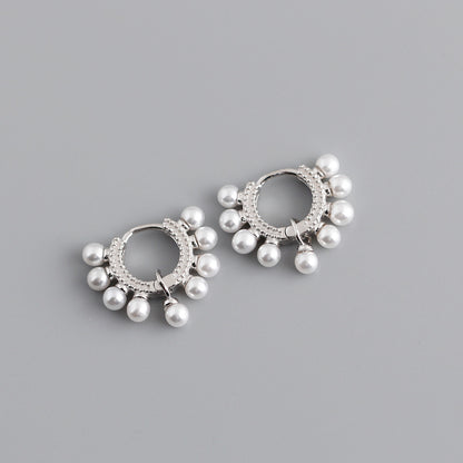 Fashion Round Silver Inlaid Pearls Earrings 1 Pair