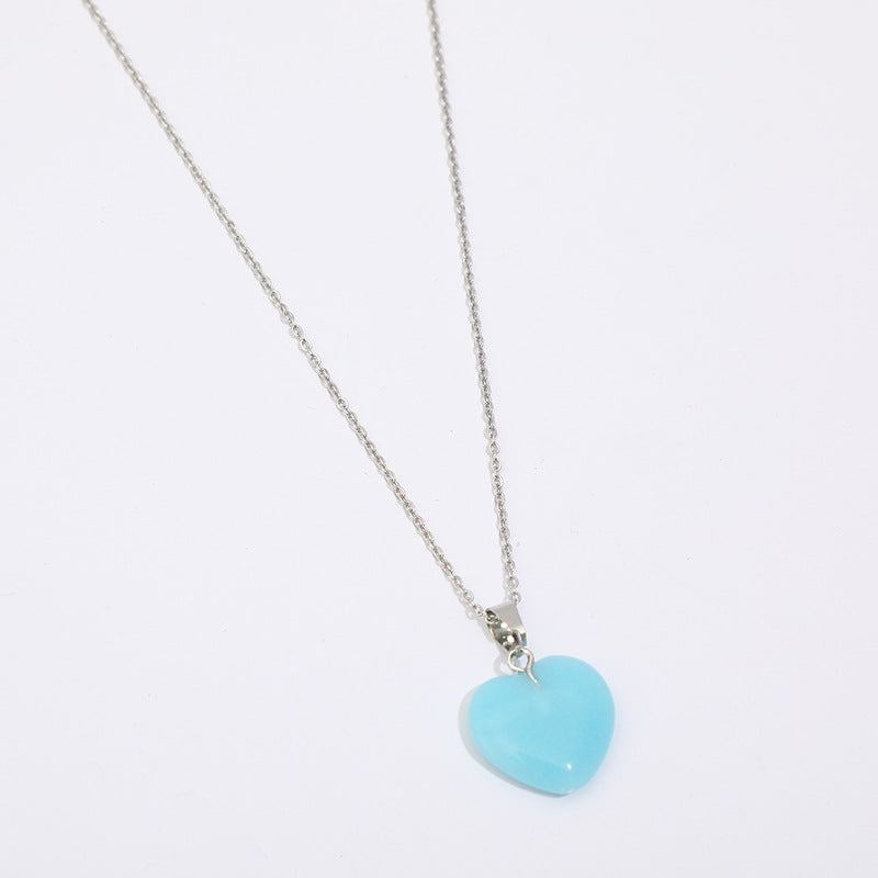 Fashion Heart Shape Stainless Steel Natural Stone Luminous Pendant Necklace 1 Piece