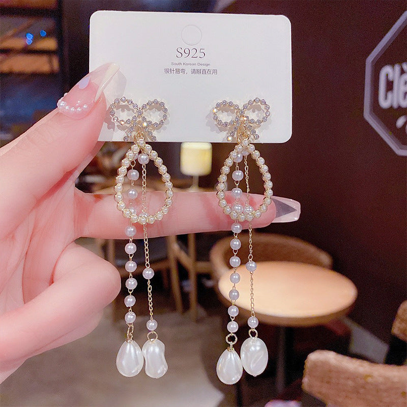 Fashion Star Butterfly Bow Knot Imitation Pearl Copper Tassel Rhinestones Drop Earrings 1 Pair