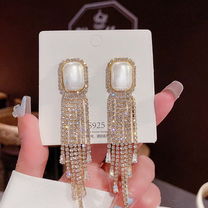 Fashion Star Butterfly Bow Knot Imitation Pearl Copper Tassel Rhinestones Drop Earrings 1 Pair