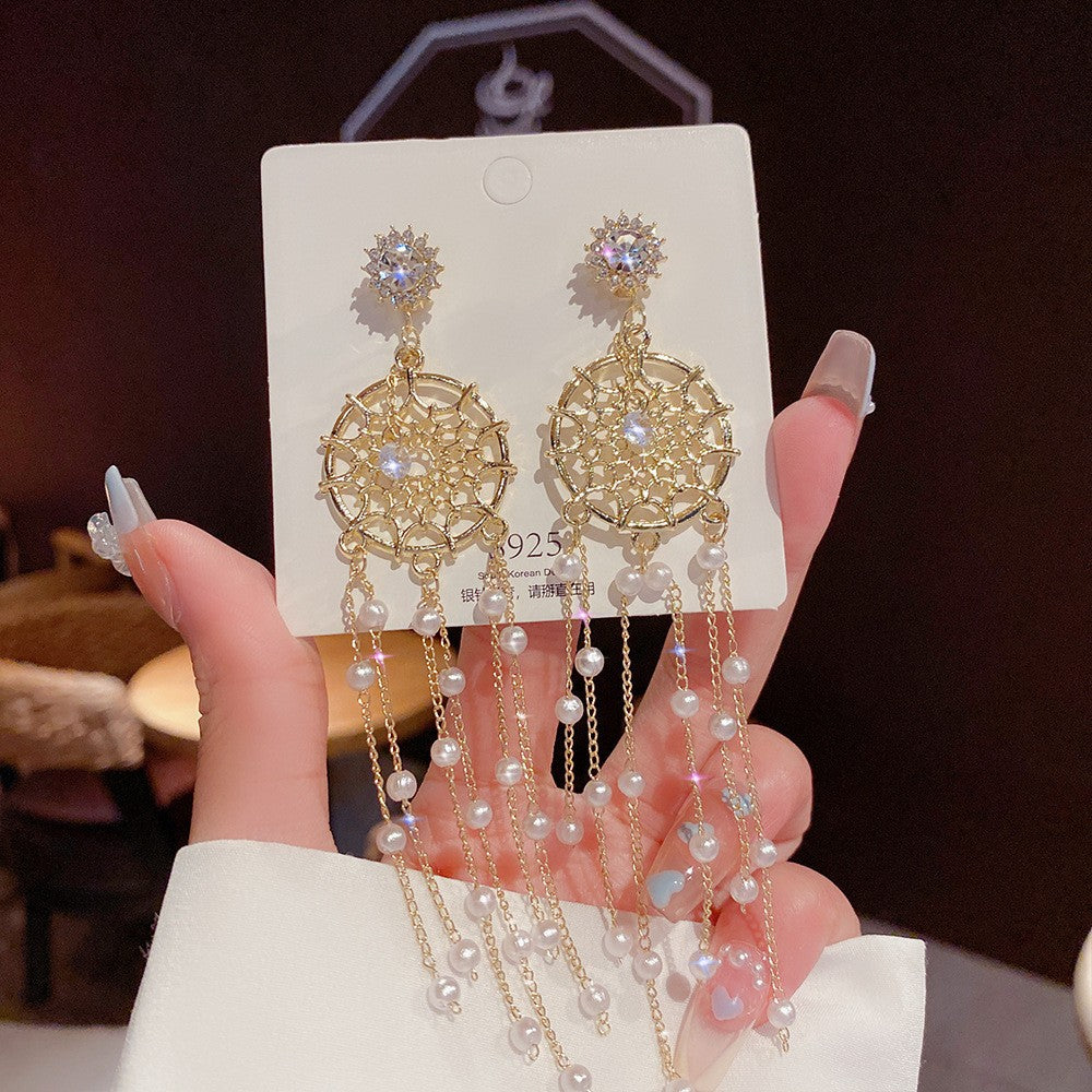 Fashion Star Butterfly Bow Knot Imitation Pearl Copper Tassel Rhinestones Drop Earrings 1 Pair