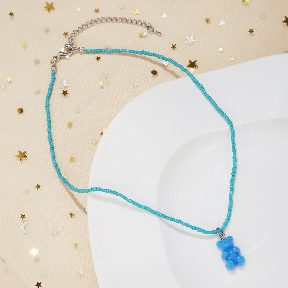 Cute Bear Resin Glass Beaded Women's Pendant Necklace
