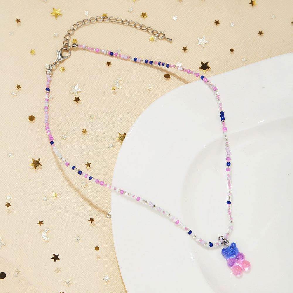 Cute Bear Resin Glass Beaded Women's Pendant Necklace