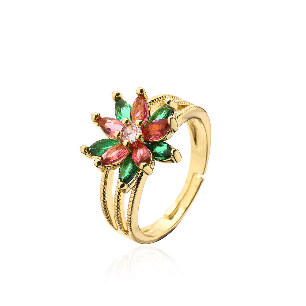 Fashion Flower Copper Plating Inlay Zircon Open Ring 1 Piece