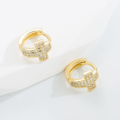 Fashion Cross Copper Gold Plated Zircon Hoop Earrings 1 Pair