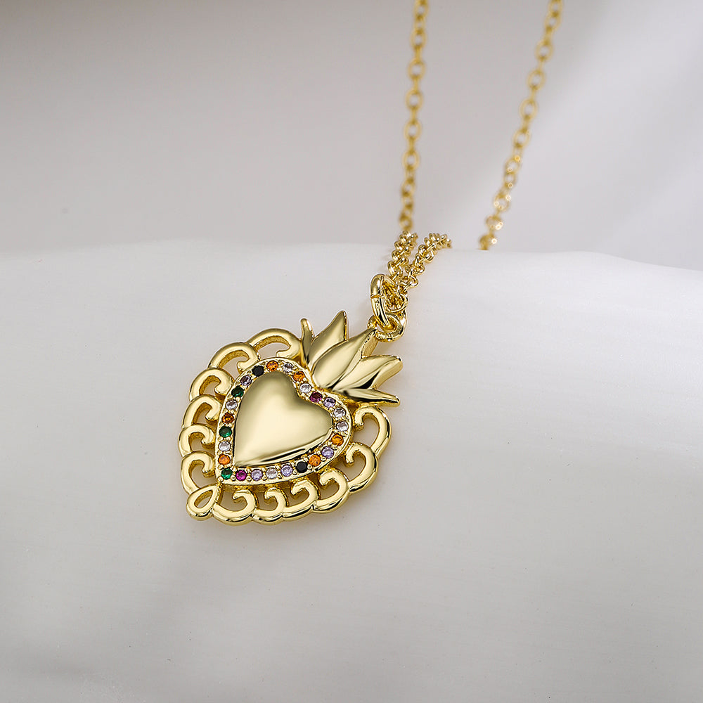 Fashion Cross Heart Shape Crown Copper Gold Plated Zircon Pendant Necklace 1 Piece