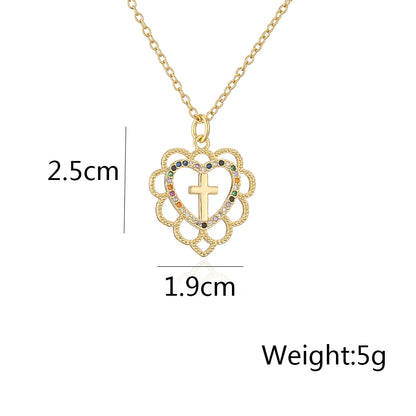Fashion Cross Heart Shape Crown Copper Gold Plated Zircon Pendant Necklace 1 Piece