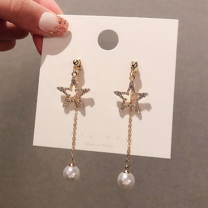 Fashion Star Heart Shape Bow Knot Imitation Pearl Alloy Rhinestone Tassel Women's Earrings 1 Pair