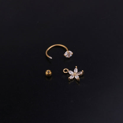 Fashion Stainless Steel C-ring Piercing Flower Zircon Pendant Earrings Wholesale