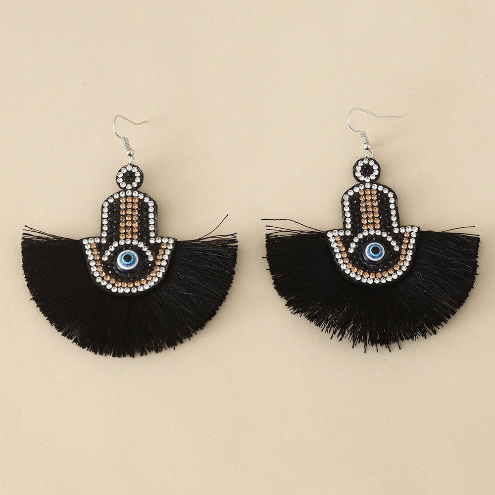 Retro Devil's Eye Sector Hand Of Fatima Metal Tassel Rhinestones Women's Ear Hook 1 Pair