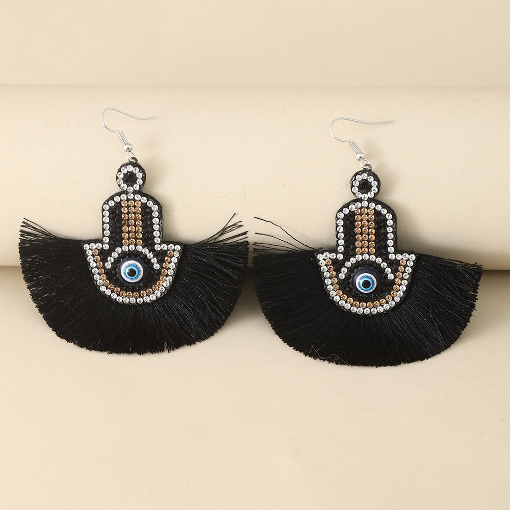 Retro Devil's Eye Sector Hand Of Fatima Metal Tassel Rhinestones Women's Ear Hook 1 Pair