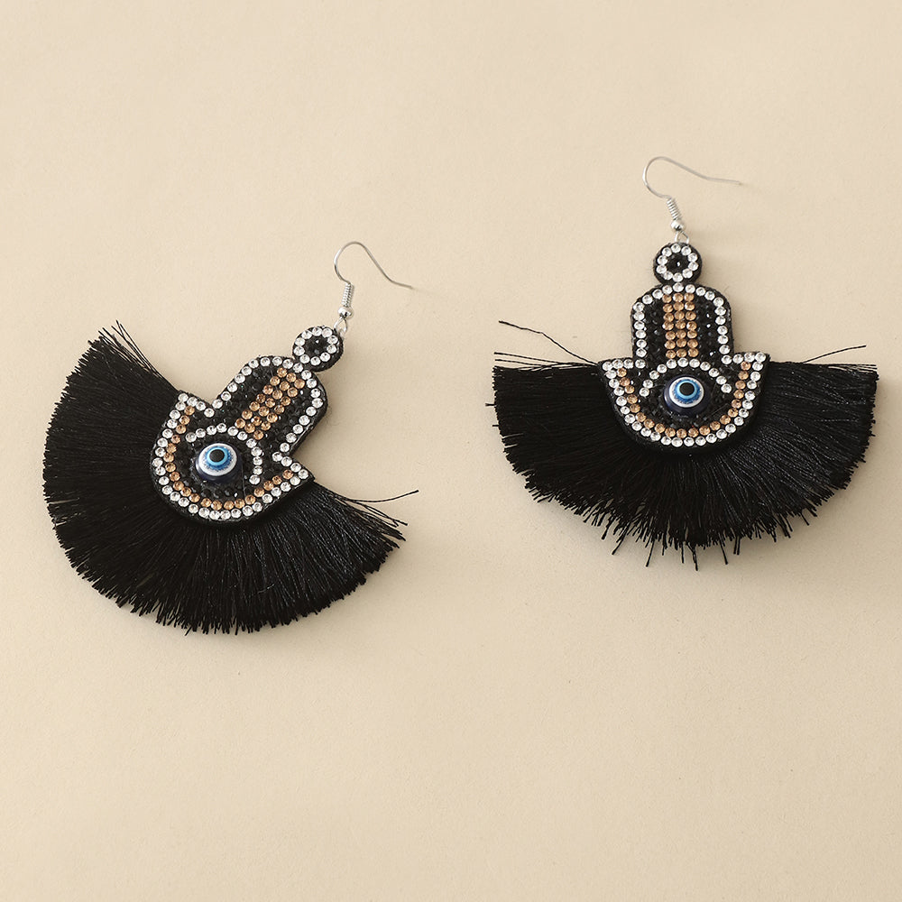 Retro Devil's Eye Sector Hand Of Fatima Metal Tassel Rhinestones Women's Ear Hook 1 Pair