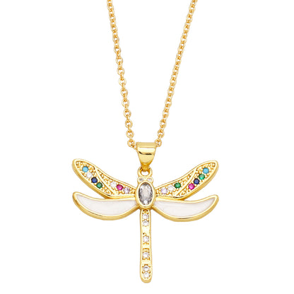 Retro Insect Dragonfly Copper Enamel Gold Plated Zircon Pendant Necklace 1 Piece